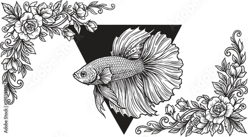 black and white betta fish swimming in floral triangle vector illustration
