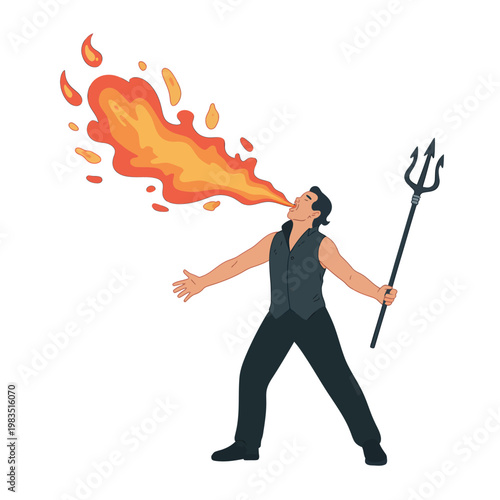 A fire breather performs with flames erupting from their mouth