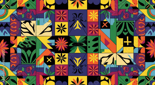 Bold geometric collage with vibrant colors, floral and abstract motifs