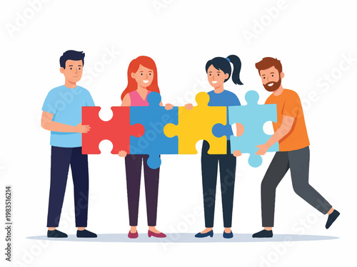 Four people holding puzzle pieces together teamwork collaboration problem solving