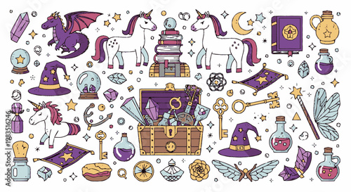 Collection of magical fantasy icons objects.