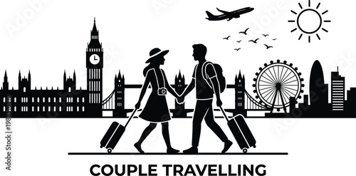 Couple traveling in London city with luggage vector illustration