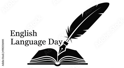 A black quill pen rests upon an open book celebrating english language day