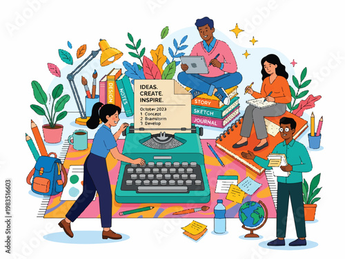 Four people working together with laptops and books and plants and office supplies