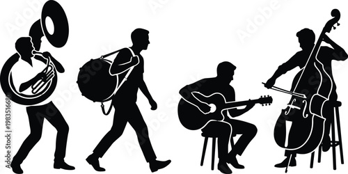 silhouette of jazz musicians playing instruments vector illustration