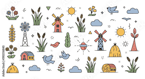 Colorful farm icons and symbols.