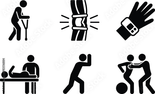 Medical injury and rehabilitation icons fractures support and physical therapy