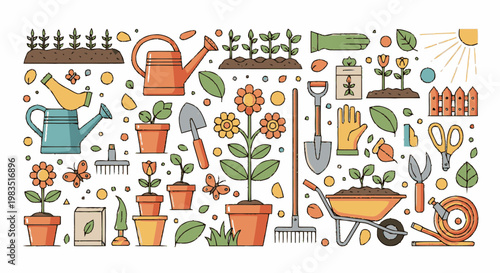 Colorful gardening tools and plants.