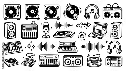 Retro DJ Music Equipment Collection with Vector Turntables Vinyl Records Headphones Speakers Microphone and Audio Mixer Elements Hand Drawn Doodle Icons for Musical Production Graphic Design