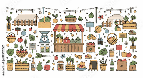 Colorful illustration of food market items.