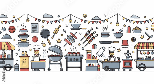 Colorful illustration of food trucks.