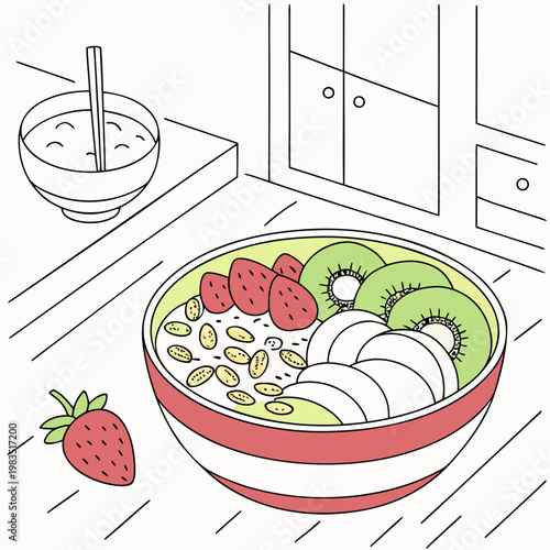 A bowl of oatmeal with fruit and nuts