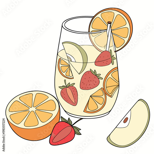 A glass of lemonade with strawberries and oranges