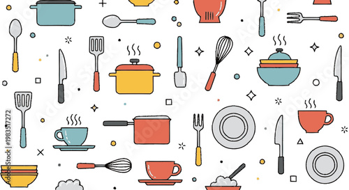 Colorful kitchen utensils and dishes pattern.