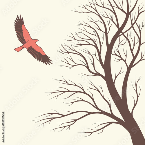 Φωτογραφία A red bird flying near a leafless tree