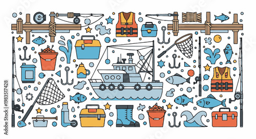 Colorful nautical objects and symbols.