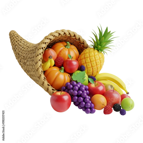 Abundant Fruits and Vegetables Spilling from Horn of Plenty on White Background