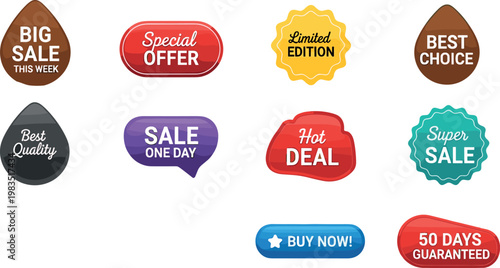 Colorful modern sale badges collection with special offer labels discount tags marketing stickers and promotional retail icons set
