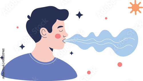 Young man practicing deep breathing exercises for mindfulness and stress relief in a clean monoline flat vector style