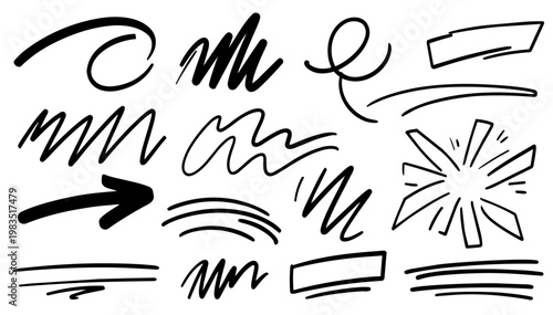 Hand drawn doodle vector set of expressive sketch lines for dynamic accents and highlights, energetic sketchy ink pen strokes, abstract motion lines, and decorative elements for UI and notes