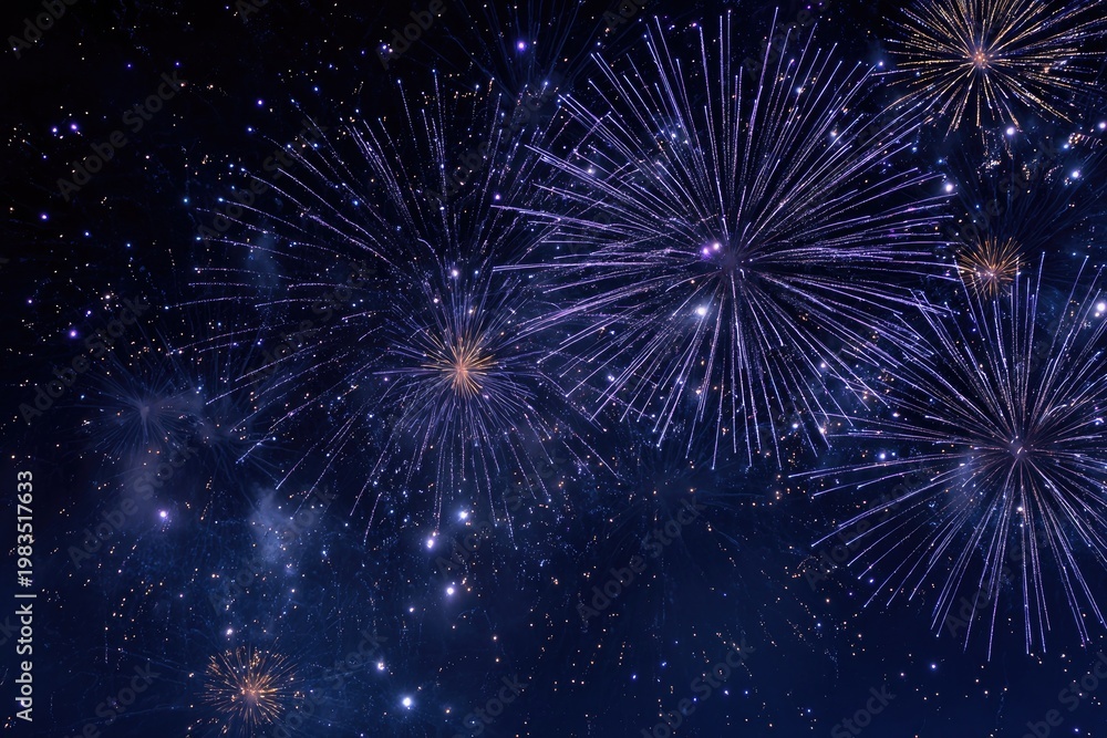 Fototapeta premium Vivid bursts of light explode in the dark night sky, surrounded by shimmering dots