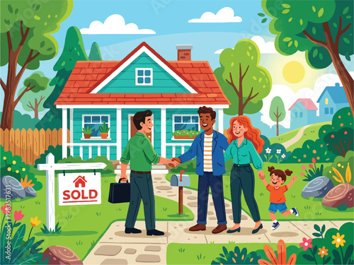 Happy family meeting real estate agent in front of sold house with green lawn and trees  new home owners