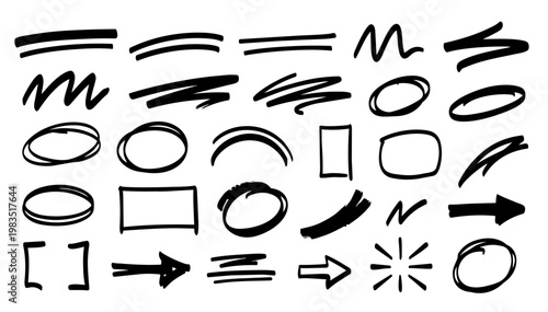 Hand drawn doodle vector set of highlight marks for text emphasis and annotation, sketchy ink pen strokes, underline accents, circles, and attention elements for UI, notes, and creative design project
