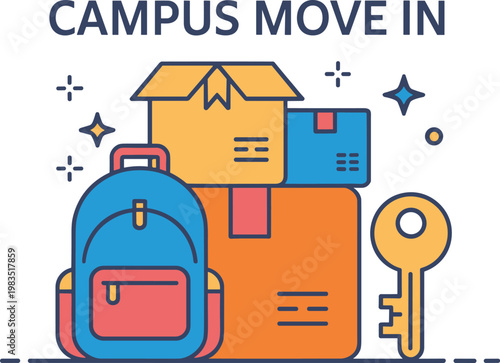 Campus move in day concept with student backpack cardboard boxes and house key in modern monoline flat vector style