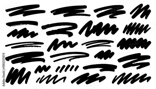 Hand drawn doodle vector set of marker and pen decorations for highlights and accents, expressive sketchy ink strokes, scribbles, lines, and decorative elements for UI, notes, and social media