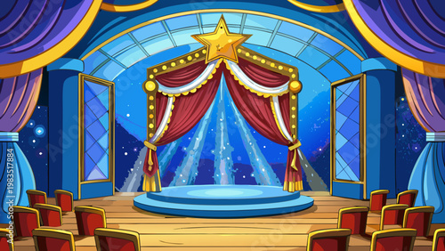 Theatrical stage, cartoon theater, performance backdrop, blue curtains