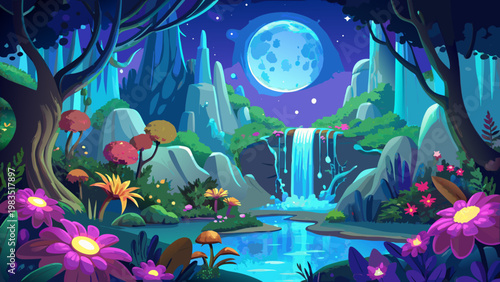 Whimsical fantasy forest, moonlit waterfall scene, vibrant flowers, magical night landscape, dreamy illustration