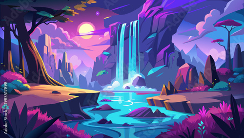 Vibrant fantasy landscape, colorful waterfall scene, purple pink blue hues, serene nature background, vector illustration