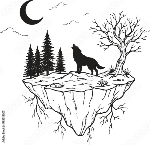 wolf howling at moon on floating island vector illustration