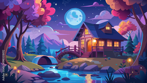 Whimsical cartoon house, serene landscape, moonlit night scene, colorful illustration