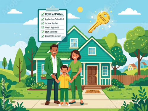 Happy family standing in front of their new home with home approval checklist and key
