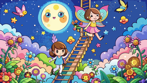 Whimsical fairy, girl, moon, stars, colorful flowers, magical night, dreamy scene, illustration