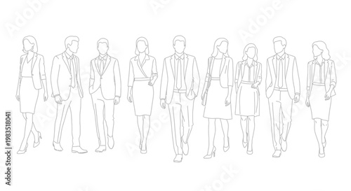 Line drawing of diverse business professionals walking in a group