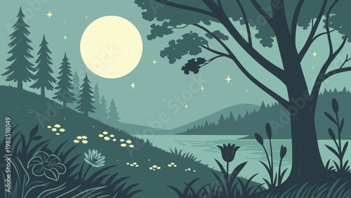 Moonlit forest landscape, serene nature scene, vector illustration, night environment
