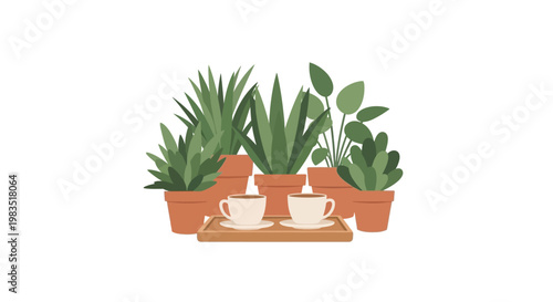 A collection of potted plants and teacups on a wooden tray