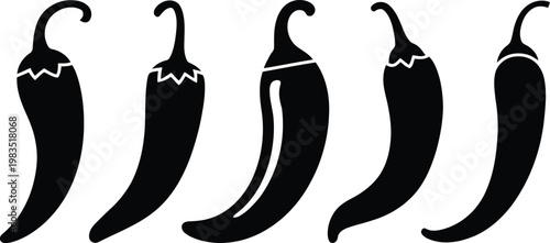 Five black silhouette chili peppers a spicy and bold graphic design