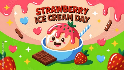 Cartoon strawberry ice cream day celebration graphic with cute smiling ice cream character and chocolate bar, colorful