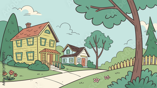 Suburban neighborhood, cartoon houses, residential street, vector illustration
