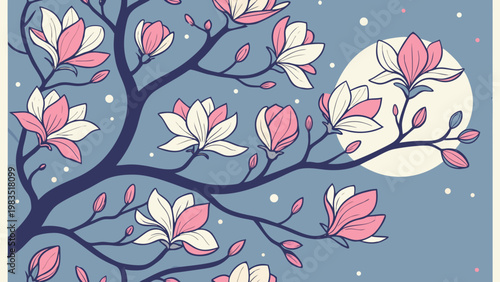 Magnolia tree, moonlit flowers, pink white blossoms, night sky, vector illustration