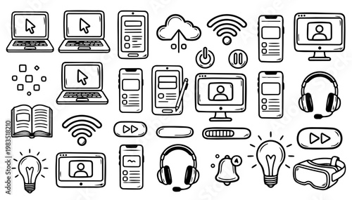 Set of hand drawn black ink technology icons including laptop computer smartphone screen headphones wifi and cloud symbols for digital design doodles isolated on white background vector art