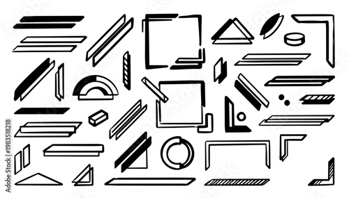 Hand drawn doodle vector set of minimal geometric strokes for modern design, clean sketchy ink pen lines, abstract shapes, and structured accents for UI, branding, and layout elements