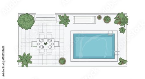 Aerial view of a backyard with a pool patio and landscaping