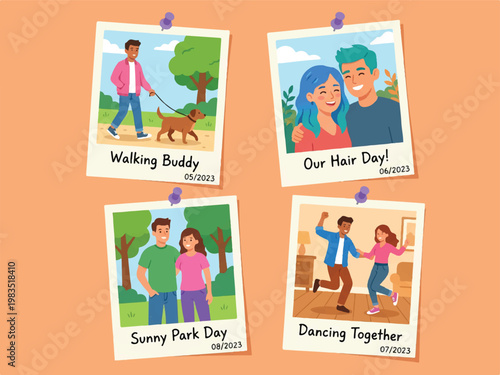 Polaroid photos of people having fun with friends and pets outdoors and indoors  happy moments in life