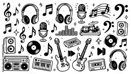 Set of hand drawn black ink music icons including guitars headphones microphones speakers drums and vinyl records design elements doodles isolated on white background vector illustration art