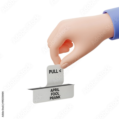 Hand Pulling April Fool Prank Box on White Background