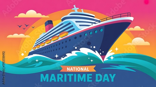 National maritime day illustration with cruise ship sailing over ocean waves during sunset sky maritime nautical